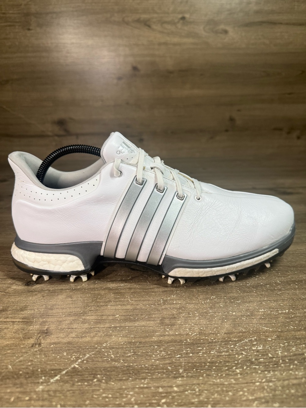 Adidas Tour360 Boost Golf Shoes Mens 11 White Silver Leather Spiked F33281